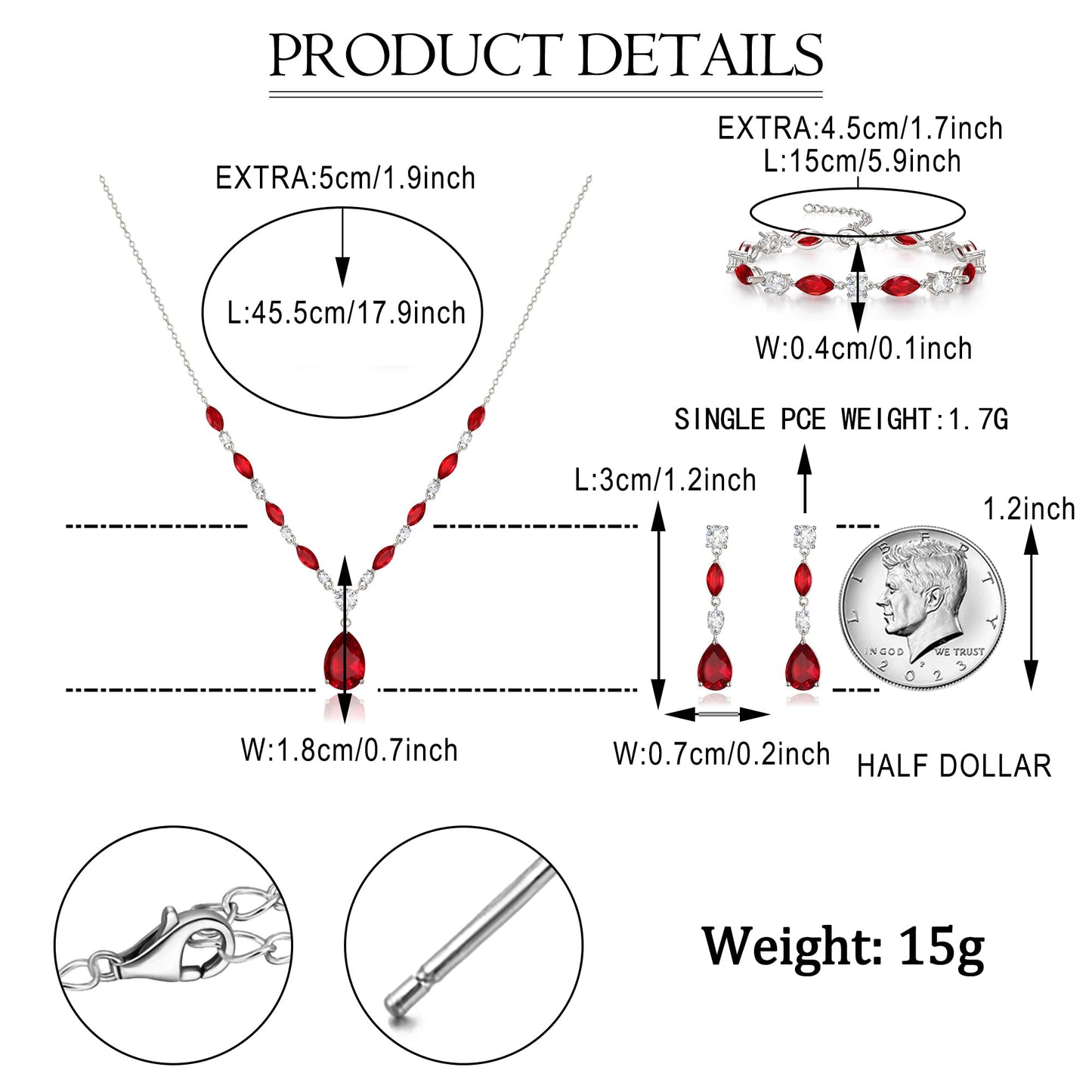 EVER FAITH Red Cubic Zirconia Costume Party Jewelry for Women, Sparkly Ruby CZ Elegant Teardrop Wedding Necklace Dangle Earrings Bracelet Set for Bridesmaid