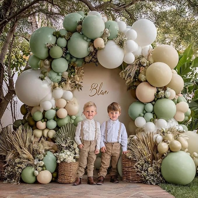Dusty Green & White Gold Balloon Arch Kit, Double Stuffed – Sage Green, Sand White, Beige, Olive & Metallic Latex Balloons for Baby Shower, Bridal & Wedding