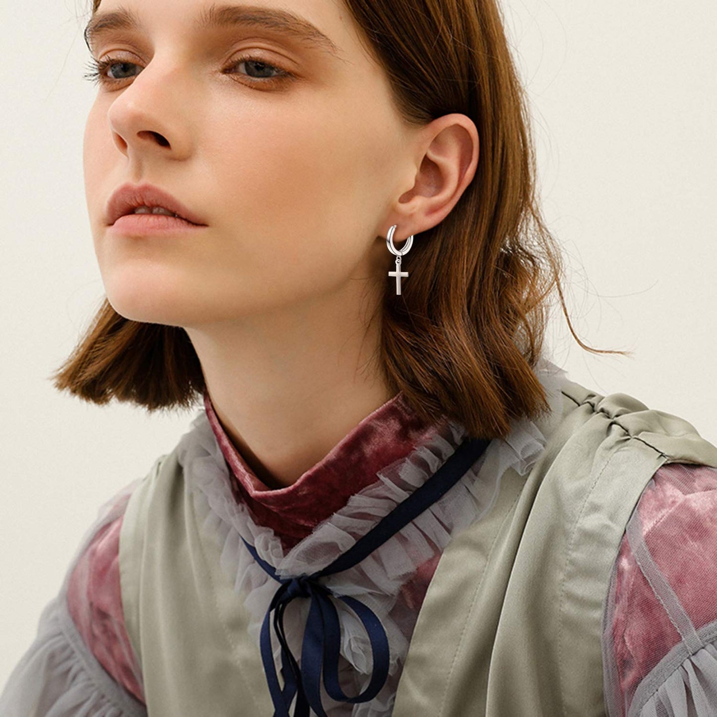 Sterling Silver Hanging Dangle Drop Cross Hoop Earrings for Women Men