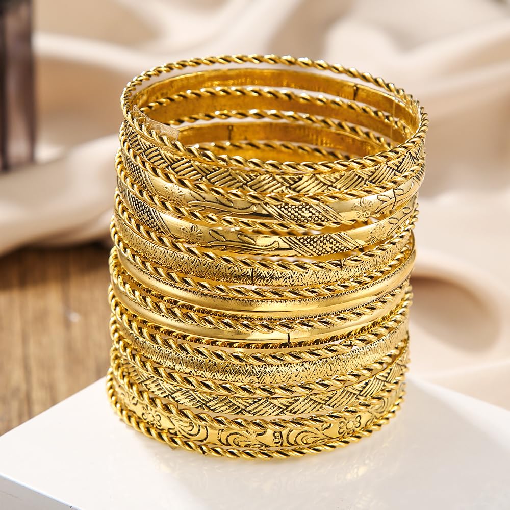 RINTOLER 19Pcs Gold Bangle Bracelets Set for Women - Multi Layered Stackable Textured Bracelets Womens Bangle Bracelets Boho Jewelrys for Women. (RTL-BG-SETa002)