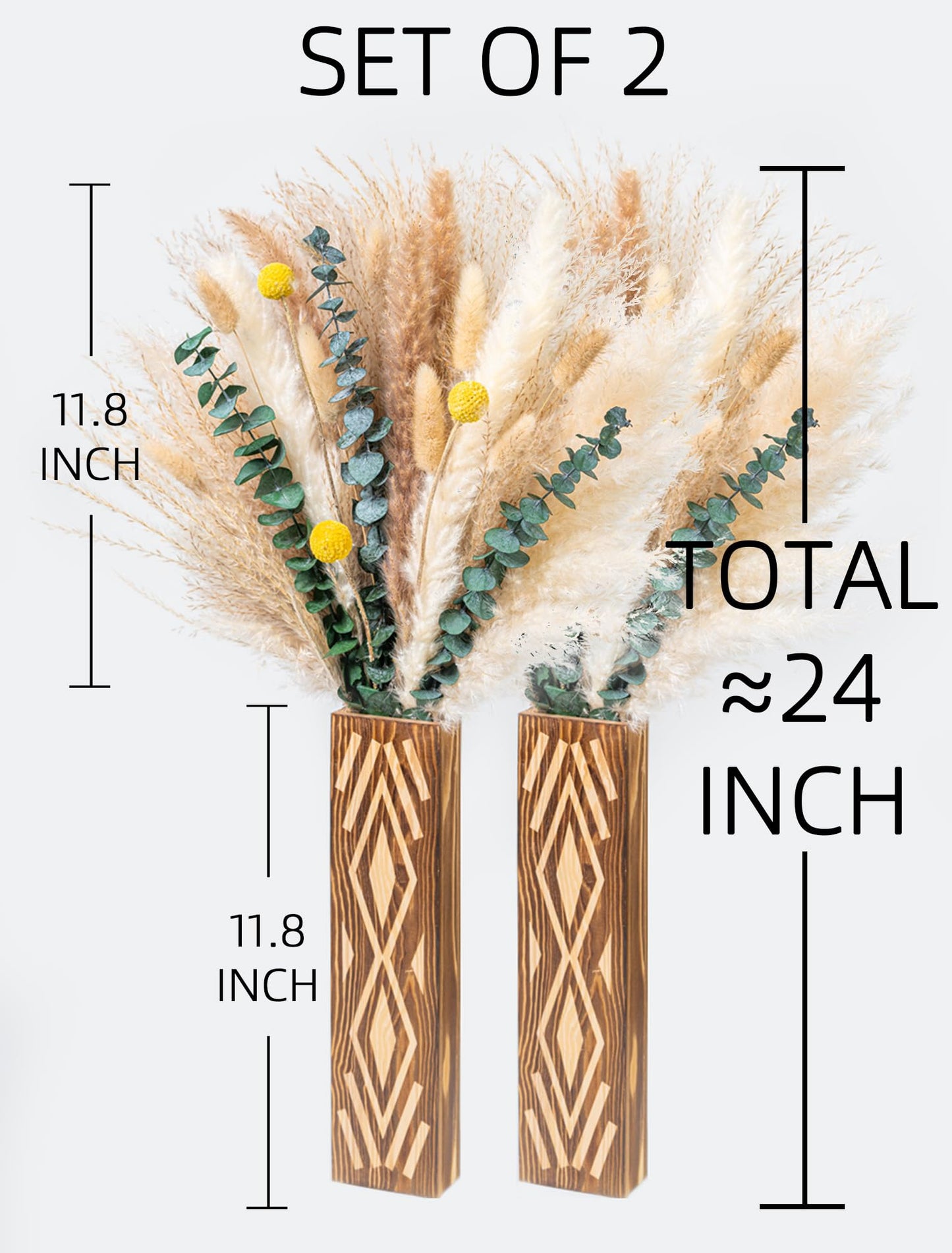 Set of 2 Wooden Wall-Mounted Vases with Pampas Grass & Eucalyptus Bouquet - Bohemian Home Decor for Living Room/Entryway/Bathroom - Rustic Wall Art for Modern Farmhouse Style