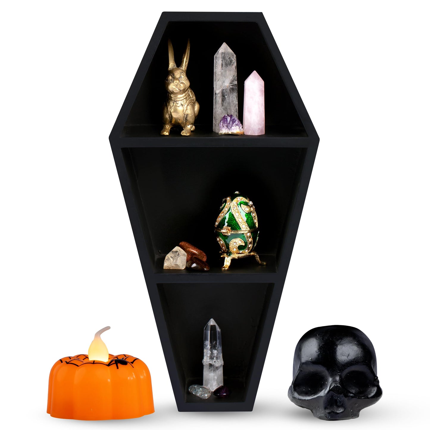 MANNY'S MYSTERIOUS ODDITIES Coffin Shelf and Coffin Gift Box with Spooky Accessories Set - Small Cute Goth Halloween Box 14 by 7 Inches - Black