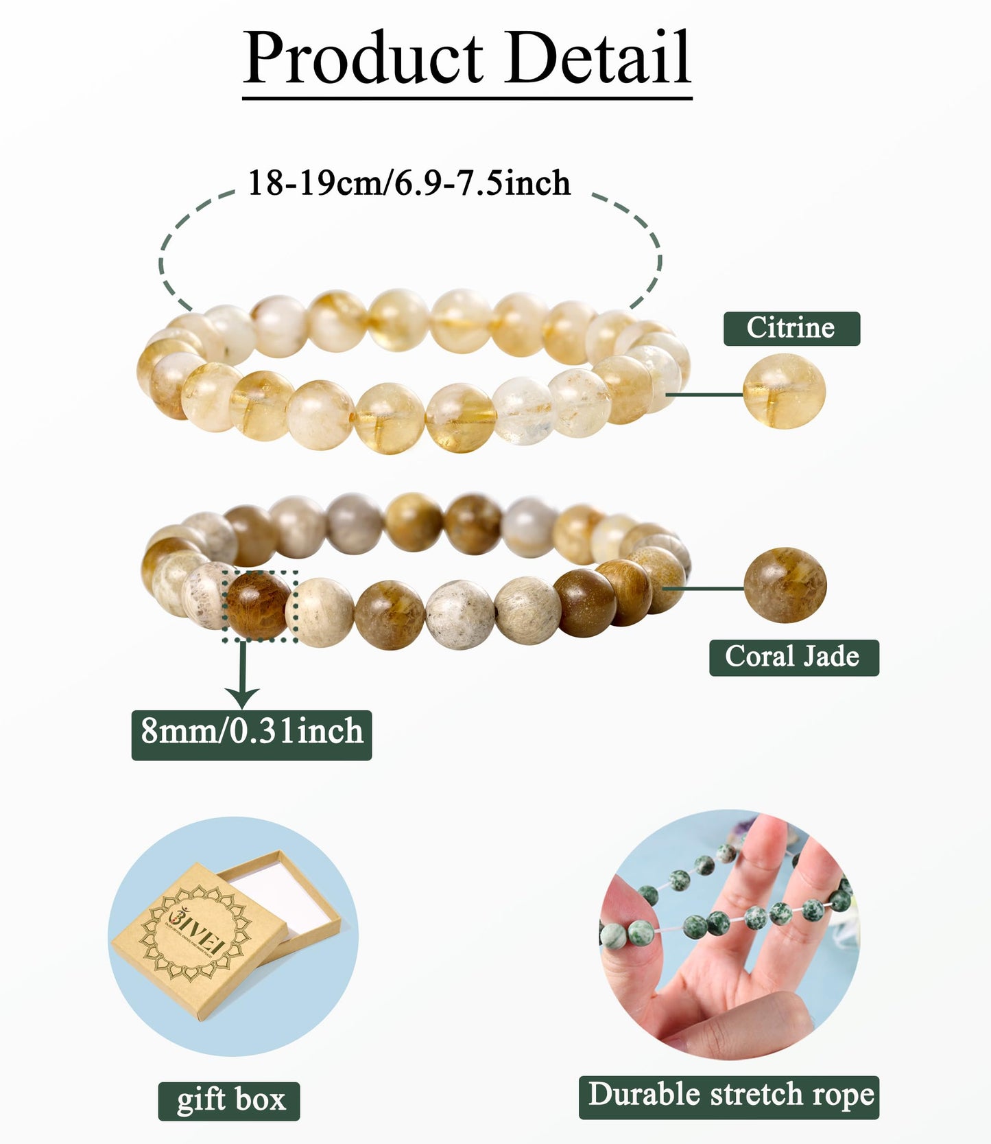 Bivei Natural Gemstone Semi Precious Crystals Handmade Stretchy Round Beads Bracelet, Enhance Positive Energy,Stocking Stuffers for Women(Citrine & Coral Jade (Wealth) Medium)