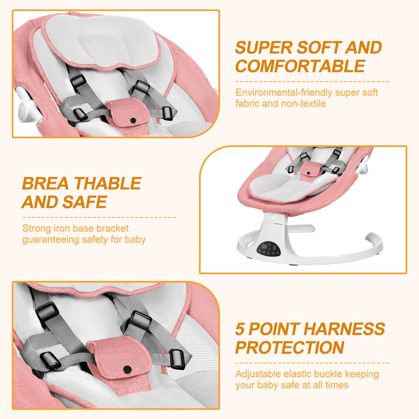 Baby Swing for Newborn to Toddler, 5 Speed Portable Infant Swing with Smart Touch Control, Remote Control, 10 Lullabies, Timer, 5 Point Harness and Soft Fabric (Pink)