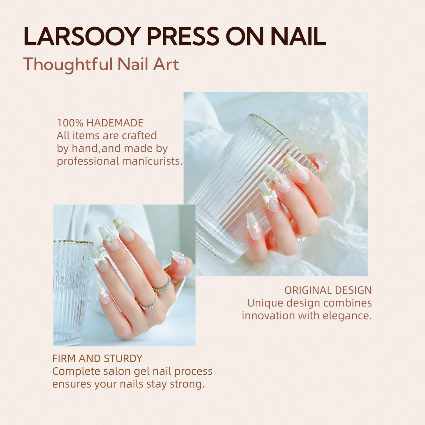 Larsooy Handmade Reusable False Nails | Medium Long Coffin Style with Butterflies and Flowers Pattern | 10 Pcs (Flower Field, M)