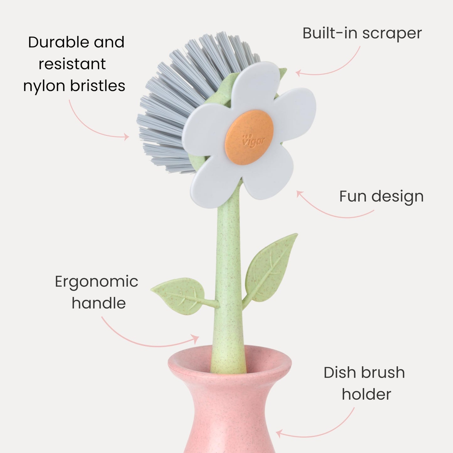 Vigar Florganic Daisy-Shaped Dish Brush with Vase Dish Brush Holder, Dish Brush with Handle, for Pot Scrubber, Kitchen Dishes, and Sink Cleaning, Pink