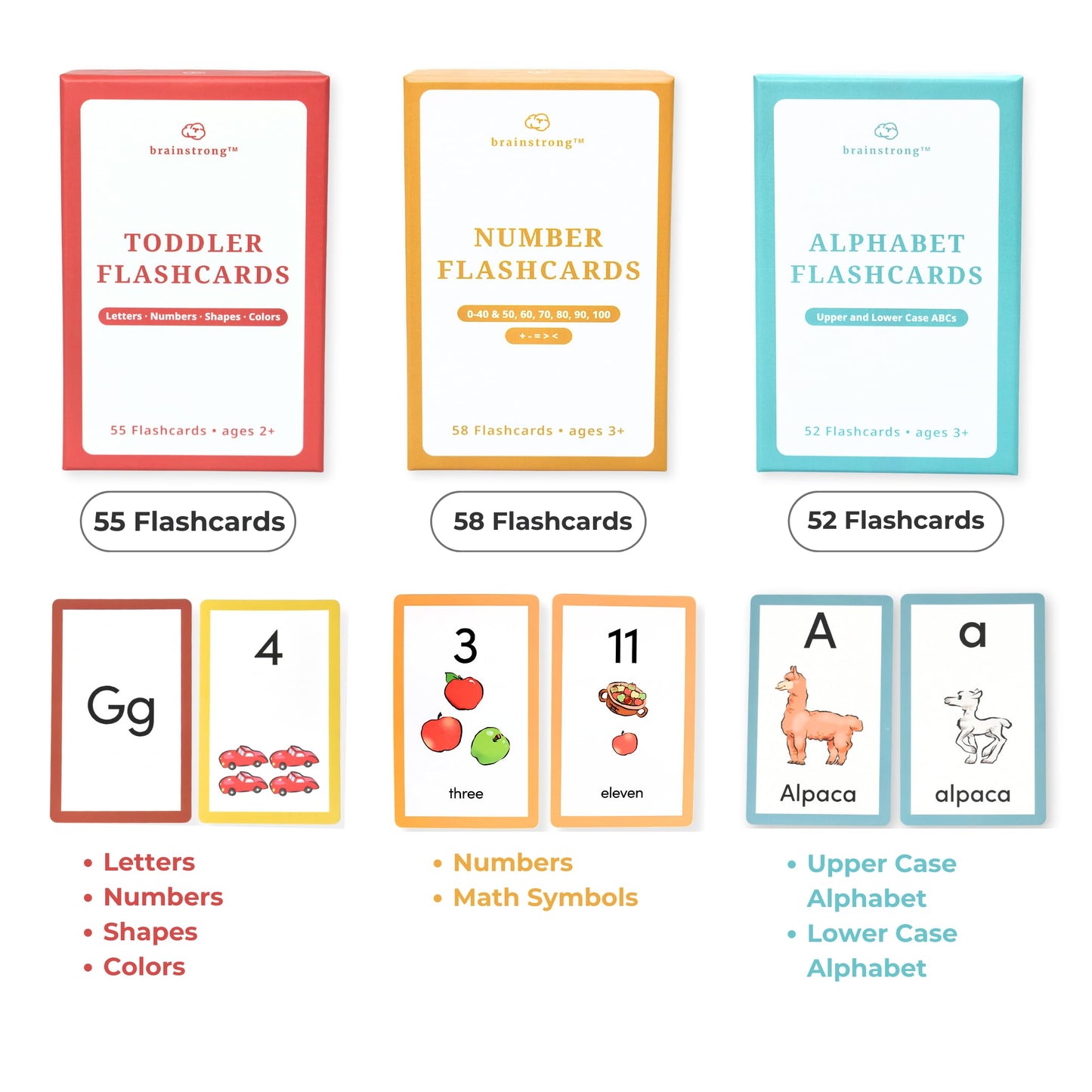 BRAINSTRONG Preschool and Toddler Flashcards | Ages 2-5 | Preschool - Kindergarten | Letter Numbers Shapes Colors | Brainstrong Premium Flash Cards | Preschool Learning Esssentials in Three Decks