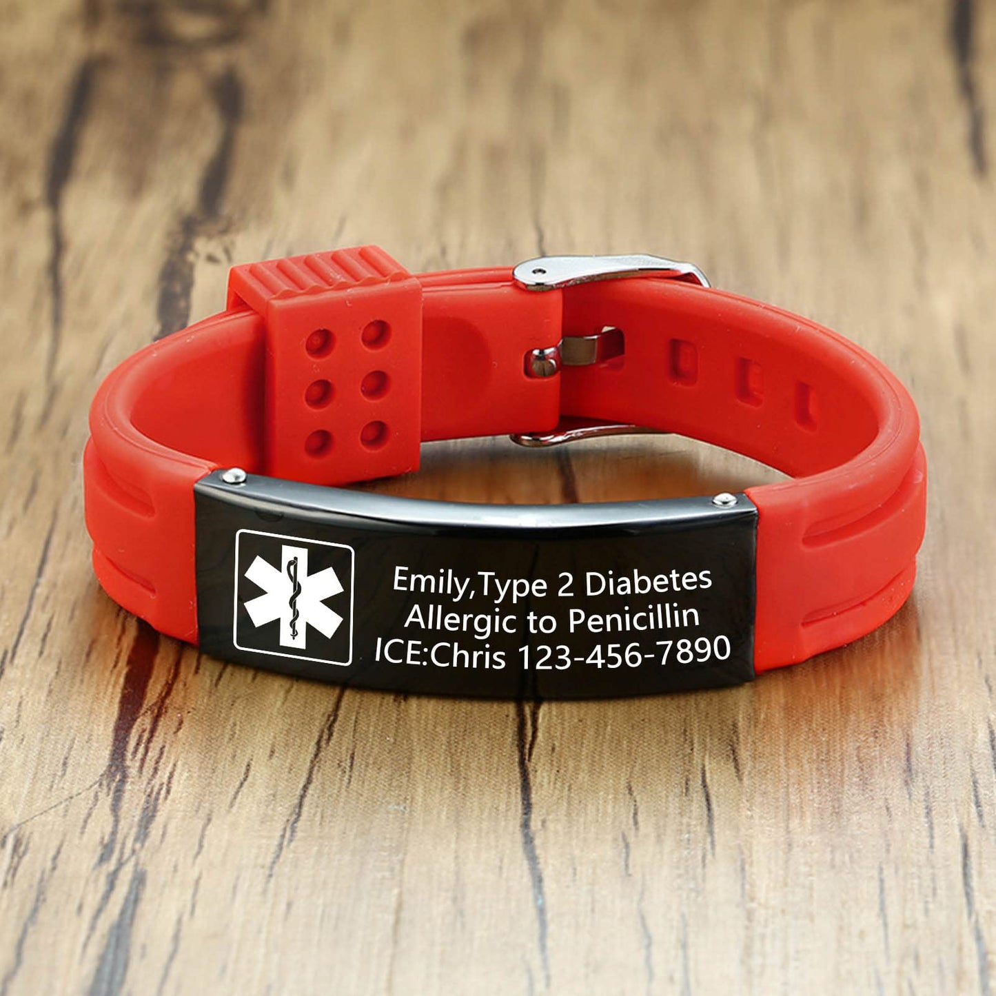 VNOX Customize Emergency Jewelry Medical Alert ID Red Silicone Rubber Stainless Steel Adjustable Bracelet,Unisex