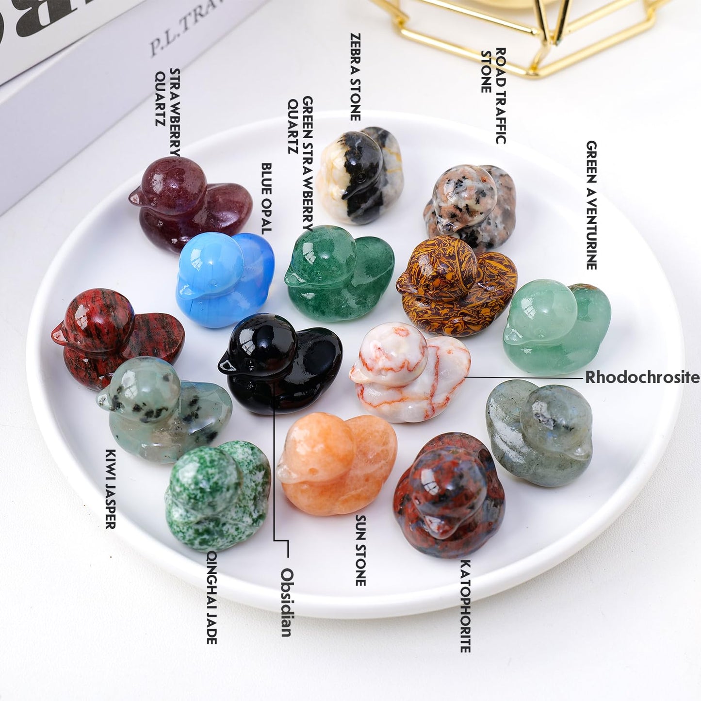 Runyangshi Crystal Duckling Statue Natural Flame Yooperlite Stone Figurine Crystal and Healing Stone Hand Carved Lucky Gemstone Sculpture Desk Decor Duck Lover Gift