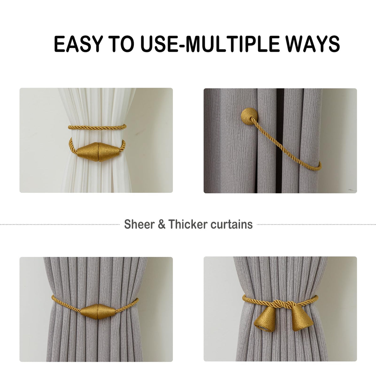 Magnetic Curtain Tiebacks 4 Pack Outdoor Rope Curtain Tie Backs Decorative Window Treatment Holdbacks for Home Decorative Curtain (4 Count)