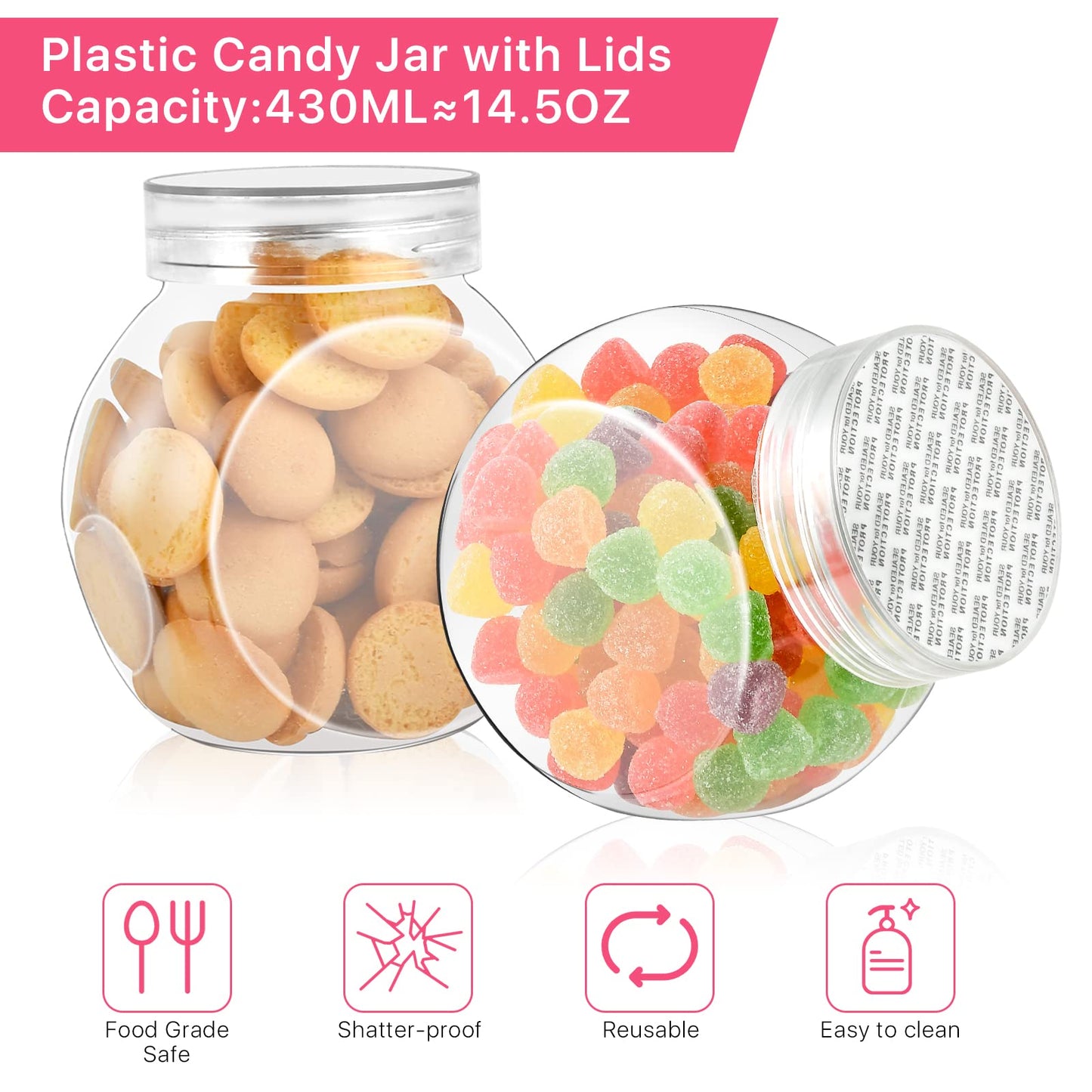 Elesunory 4-Pack 14.5 oz Clear Plastic Candy Jars with Lids, Airtight Candy containers for Individual Portions, Snacks, Treats & Crafts, Stackable, Shatterproof Kitchen Plastic Cookie Containers
