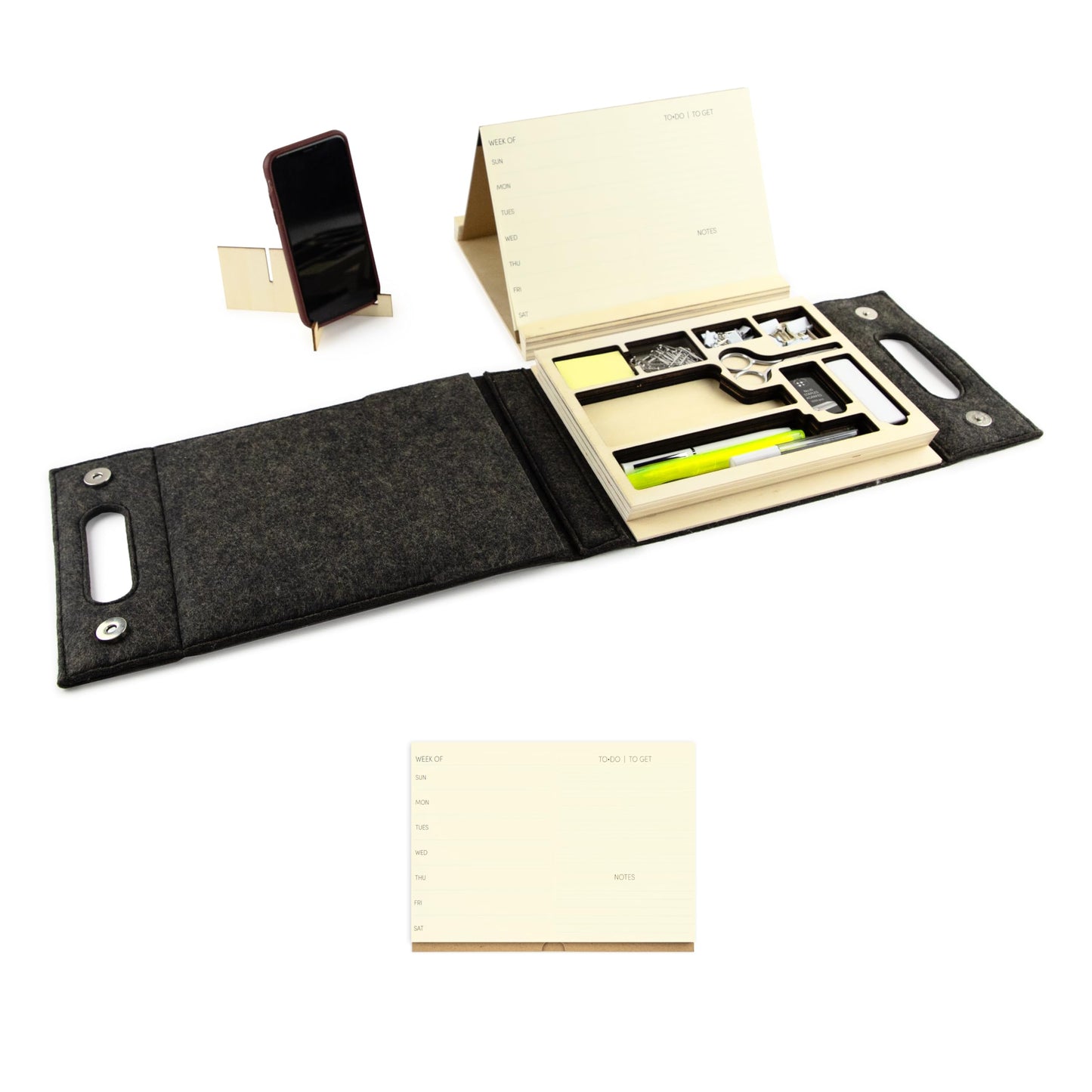 Three by Three Seattle jOTBLOCK Stay Organized On the Go with Our Portable Planner Set: Recycled Felt Case, Adjustable Stand, and Dual-Purpose Split Pad, Includes Additional Pad Refill 50 Sheets