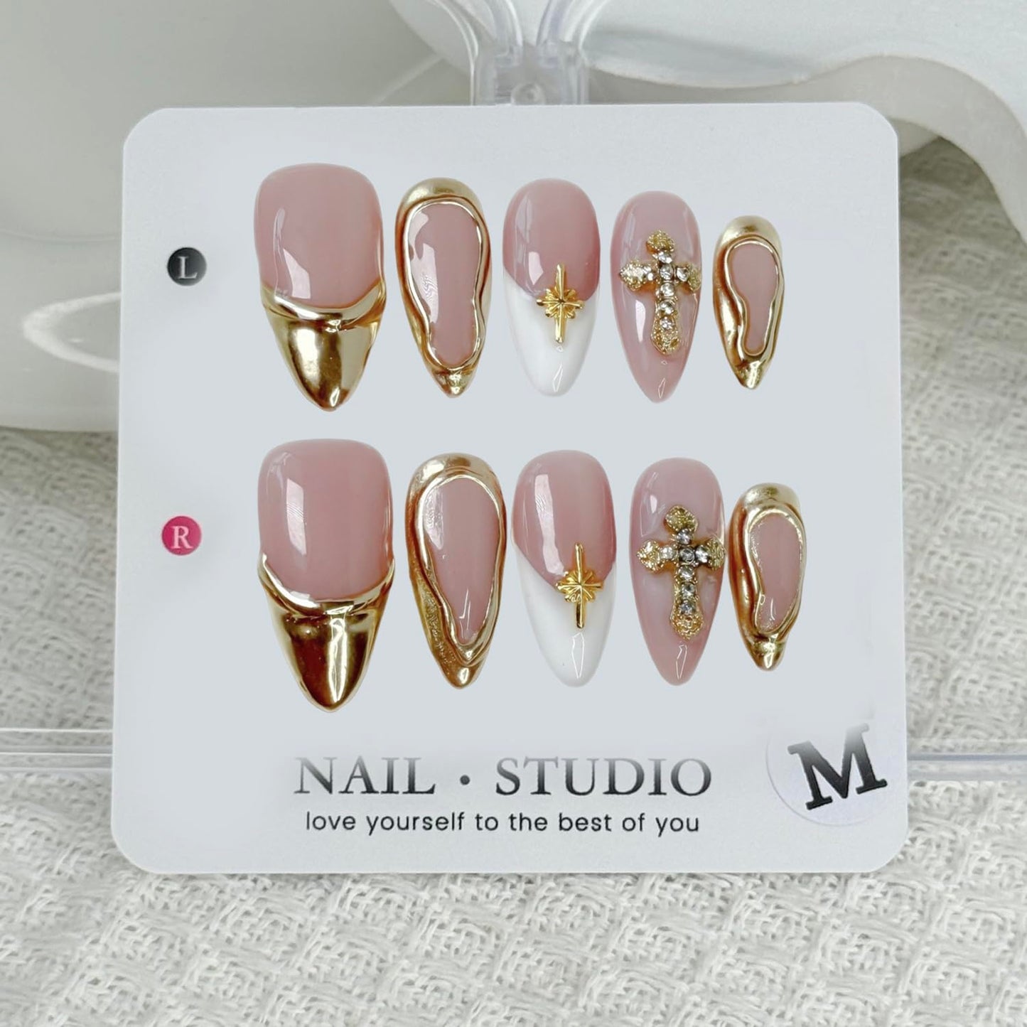 Handmade Fake Nails Medium Almond Press on Nails Rhinestones 3D Gold Curve Line False Nail French with Cross Designs Glossy Glue on Nail DIY for Women Manicure Art (Size S)