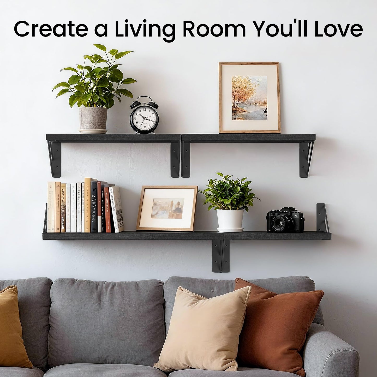 BAYKA Wall Mounted Floating Shelves, Wood Floating Wall Shelf for Books & Decor, Small Space-Saving Display & Organizer（Black，Set of 3）
