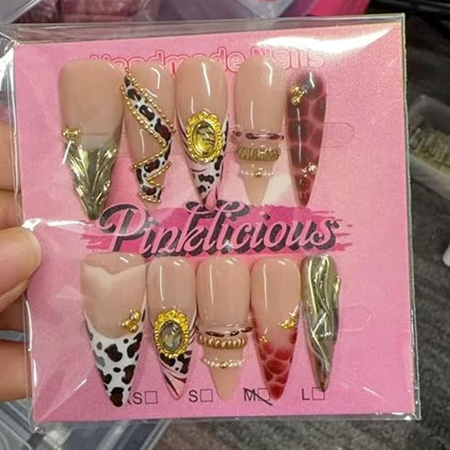 Pinktlicious Handmade Nude Stiletto Press On Nails - Neutral French Tip Glue On Nails with Gold Accents, Reusable Salon-Quality Fake Nails for Women (M)