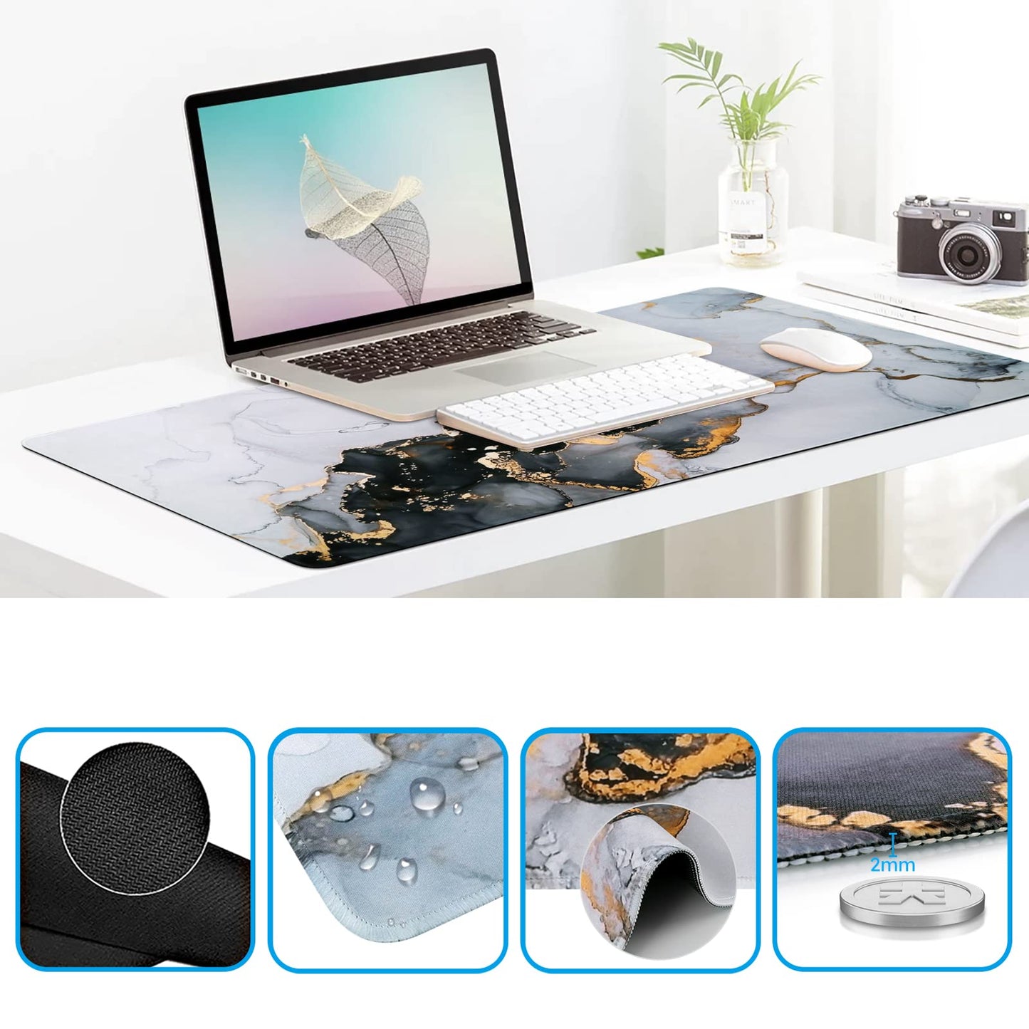 iCasso Desk Mat, Gaming Mouse Pad Wrist Support Set,4in1 XXL Large Mousepad + Keyboard Wrist Rest+Mouse Wrist Rest+Coaster Set with Ergonomic Design for Home Office Table Computer-Grey Ink Marble