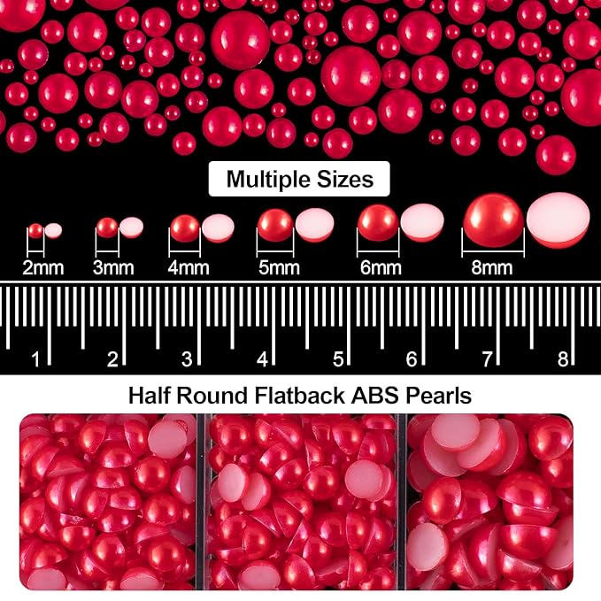 4000PCS Flatback Rhinestones and Half Round Pearls Kit #28, Multi Size Glass Clear Crystals, Plastic Flat Back Red Dome Bead with Pickup Pencil and Tweezer for Nail Art