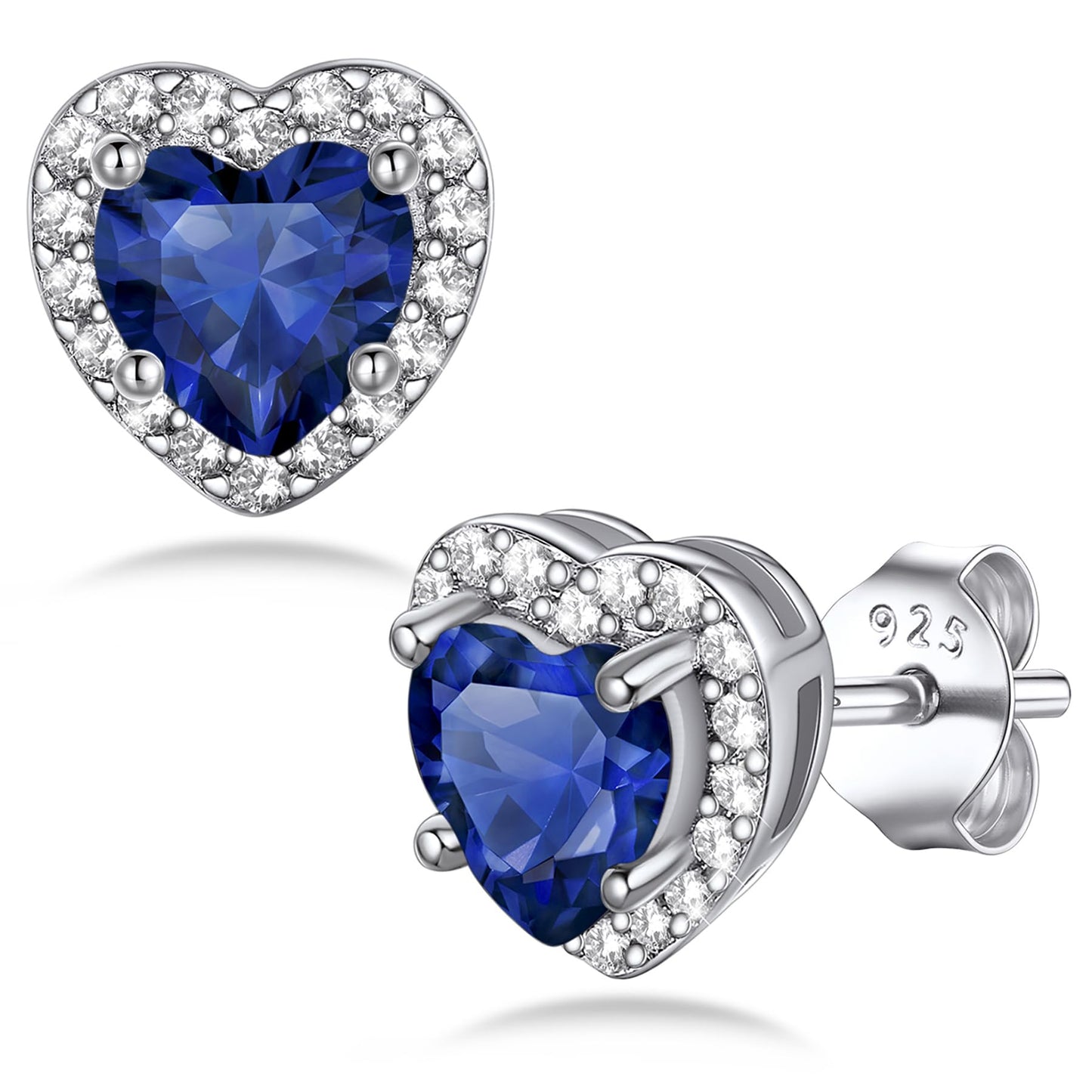 Bestyle Adorable September Sapphire Birthstone Stud Earrings 925 Sterling Silver CZ Heart Gemstone Studs Earrings Great Birthday Gift for Daughter/Wife/Mom/Grandma