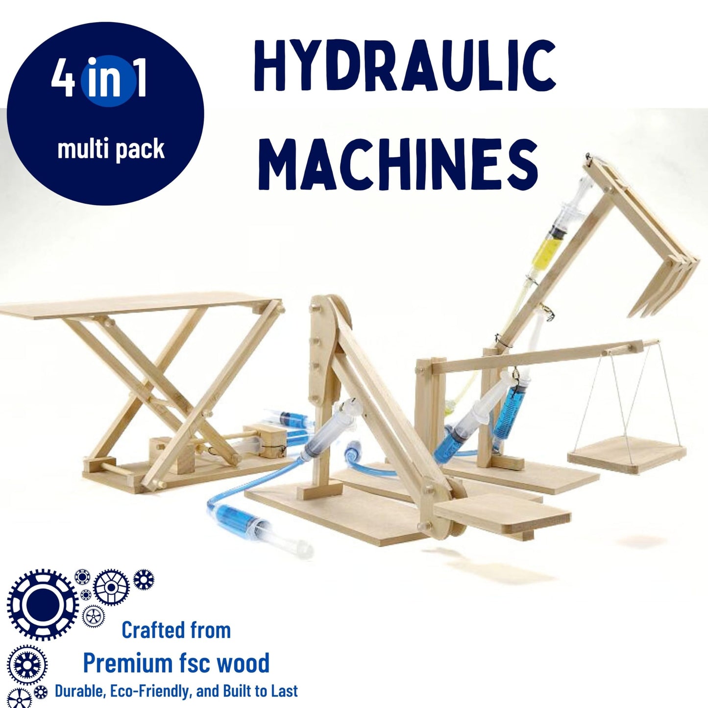 PATHFINDERS STEM Kit- Hydraulics 4-in-1– Build 4 Hydraulic Machines | Engineering Model Kit for Kids 8+ | Educational Science Toy | Learn Physics & Mechanics | Wooden DIY Project
