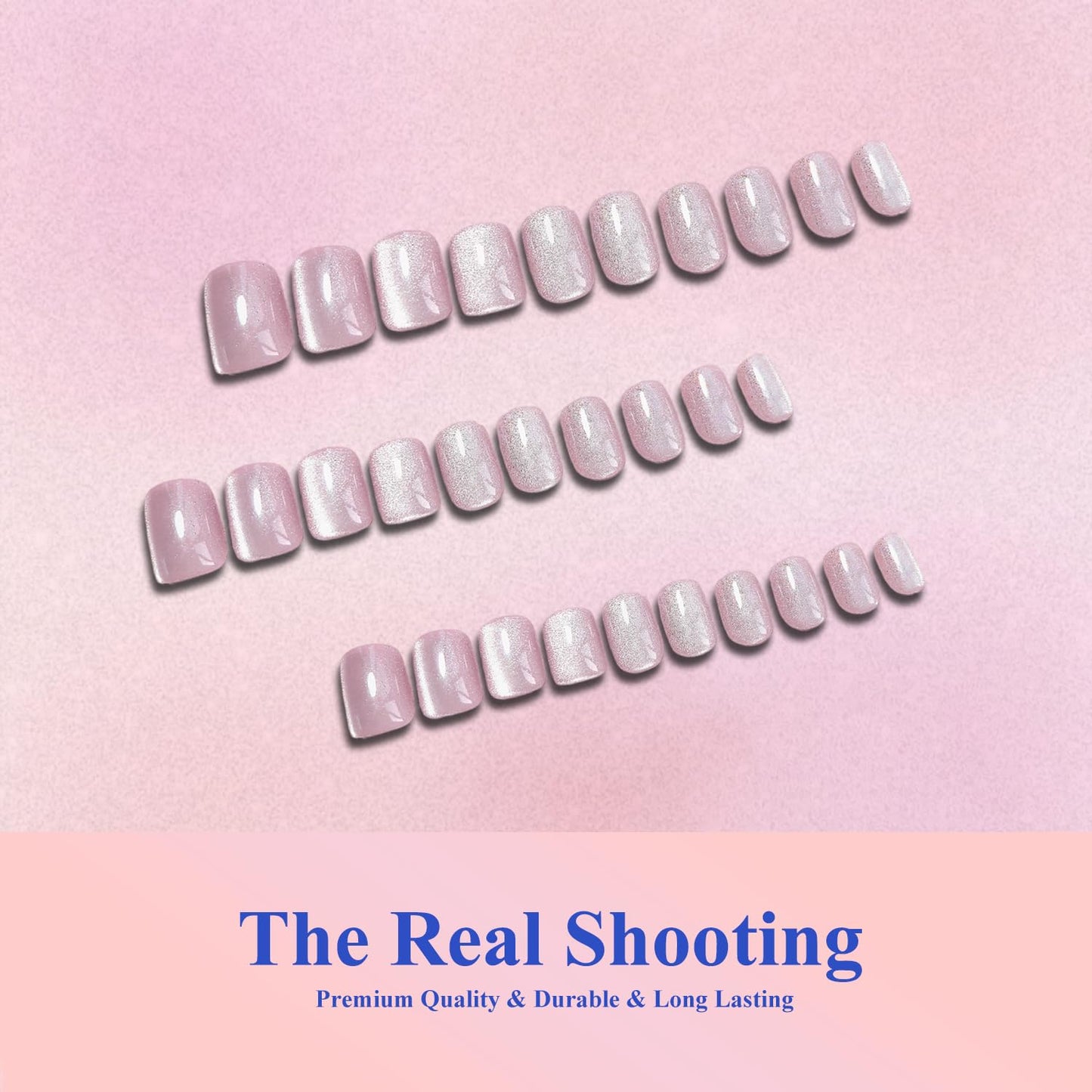 KQueenest Cat Eye Press On Nails Short - Light Pale Pink Press On Nails Square, 30 Pcs 15 Sizes Sparkly Glitter Fake Nails Press ons, Thick Quality, Reusable Small Glue on Nail for Women Summer