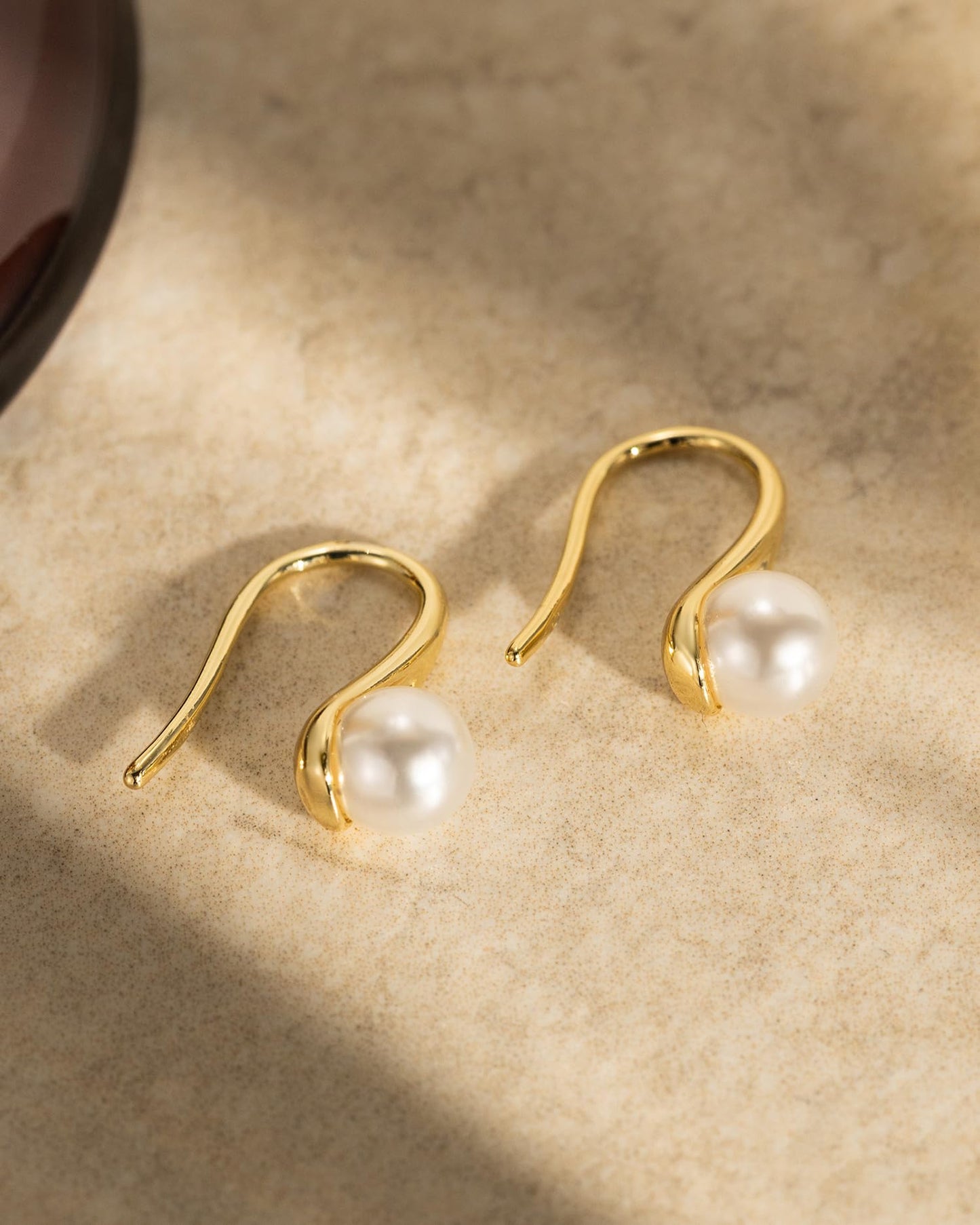 BSGRL Pearl Earrings - 14k Gold Plated Dainty Pearl Stud Earrings for Women Wedding Fish Hook Design