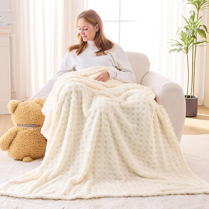 NEWCOSPLAY Super Soft Throw Blanket Ivory Premium Silky Flannel Fleece 3D Waffle Checkered Lightweight Bed Blanket All Season Use (Ivory, Throw(50"x70"))