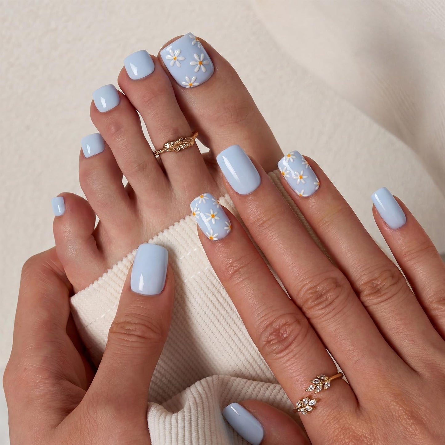 BTArtbox Press On Nails Short - Porch Sky, Easy-to-Apply 3D Flower Pastel Square Press On Nails with Glue and Adhesive Tabs in 16 Sizes - 32 Nails All-in-One Kit