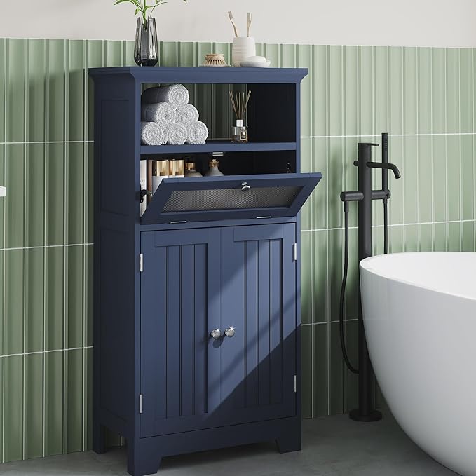 ChooChoo Bathroom Floor Storage Cabinet with Flip Glass Drawer, Freestanding with 2 Doors, Adjustable Shelf & 1 Open Storage for Living Room, Hallway, Navy Blue
