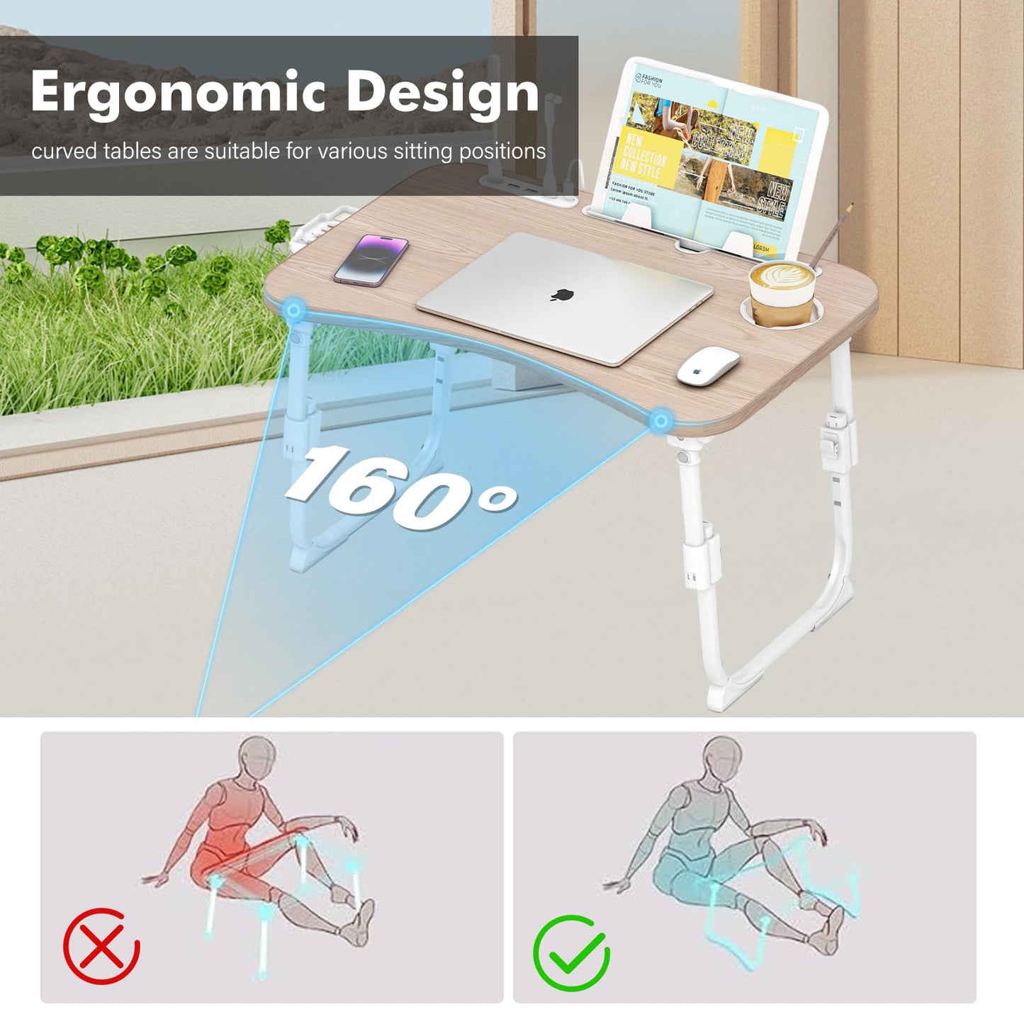 Lap Desk for Bed Adjustable Height, Foldable Bed Table with Storage Drawer, Tablet Slot & Cup Holder, Portable Laptop Stand for Bed & Sofa, Bed Desk for Adults & Kids, Glacier