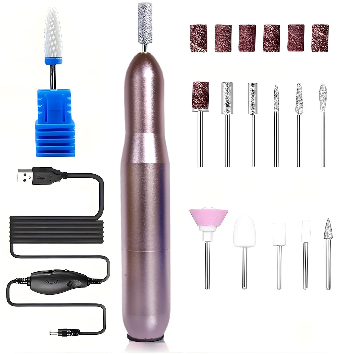 Portable Electric Nail Drill - Professional Manicure File With 25,000 RPM and 12 Bits for Gel Polish Removal
