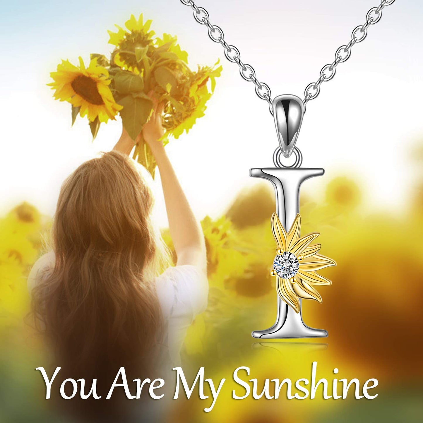 POPLYKE Sterling Silver Initial Alphabet Letter Script Name Pendant Chain Necklace for Women for (Sunflower I)