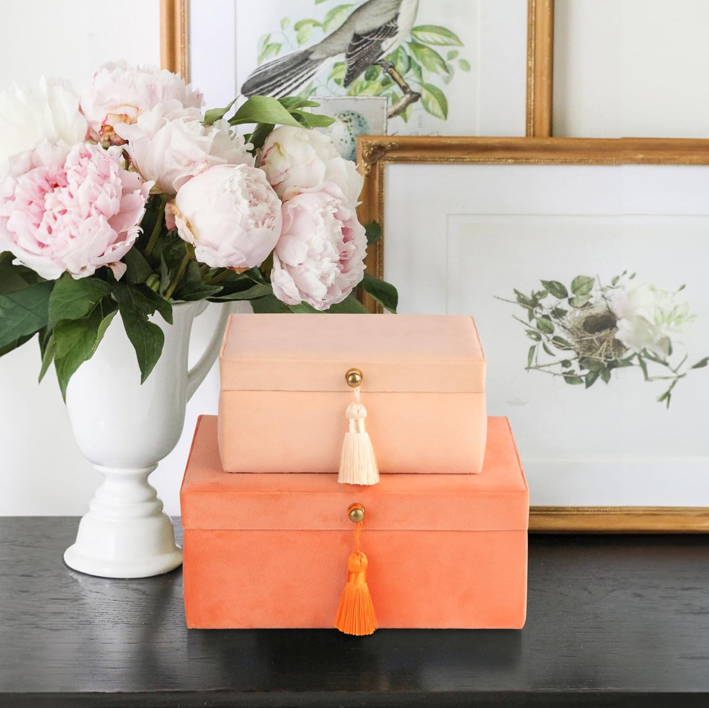 HofferRuffer Velvet Jewelry Boxes Decorative Boxes, Storage Accessory Organizer Boxes with Elegant Handle Decor, Classic Velvet Set of 2 Pieces (Orange)