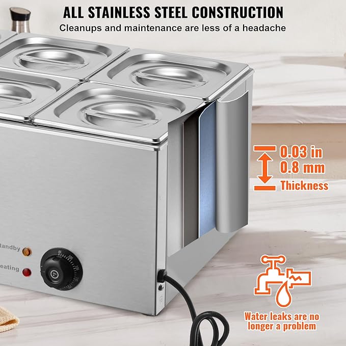 VEVOR 6-Pan Commercial Food Warmer, 14.3QT Electric Steam Table, 1200W Professional Countertop Stainless Steel Buffet Bain Marie with 86-185°F Temp Control for Catering and Restaurants, Silver