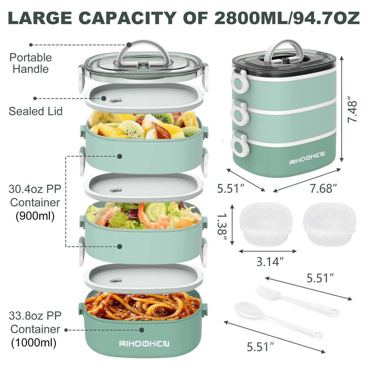 RIKDOKEN Lunch Box, Stackable 3 Layers Containers, Portable 94OZ Large Capacity Leakproof Bento Box with Spoon & Fork & Sauce Boxes, Microwave Safe Lunch Box for Kids and Adults