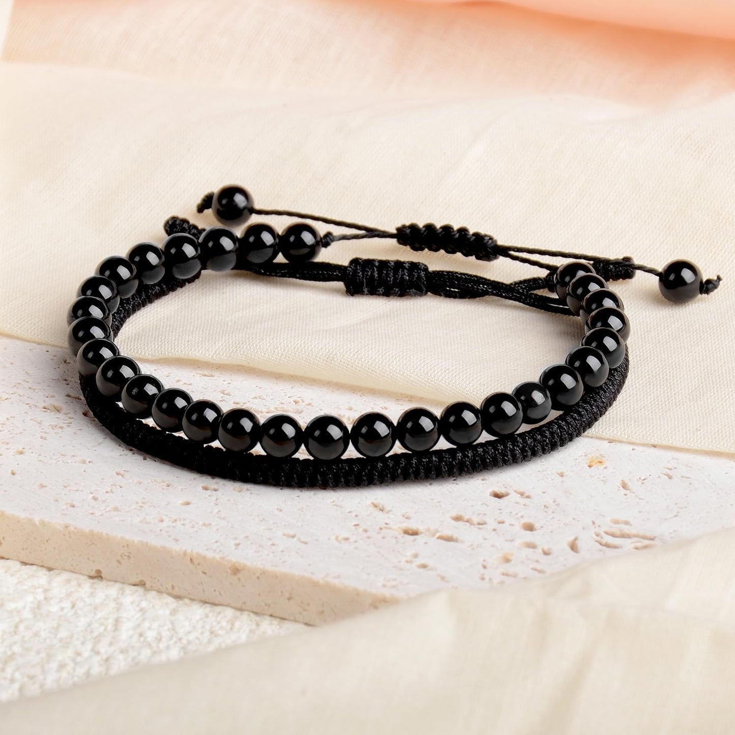 LPBeads 6mm Black Onyx Bracelet with Handmade Rope Bracelet Size Adjustable Natural Stone Crystal Healing Bracelets Gifts for Unisex Adults