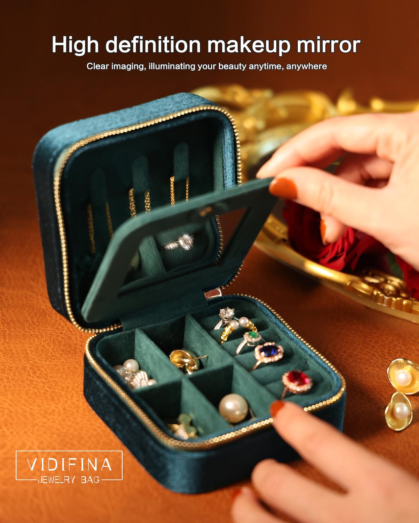 Vidifina Velvet Jewelry Box – Travel Jewelry Case Organizer with Mirror, Adjustable Compartments for Women | Luxury Storage Case & Gift for Her - Caramel