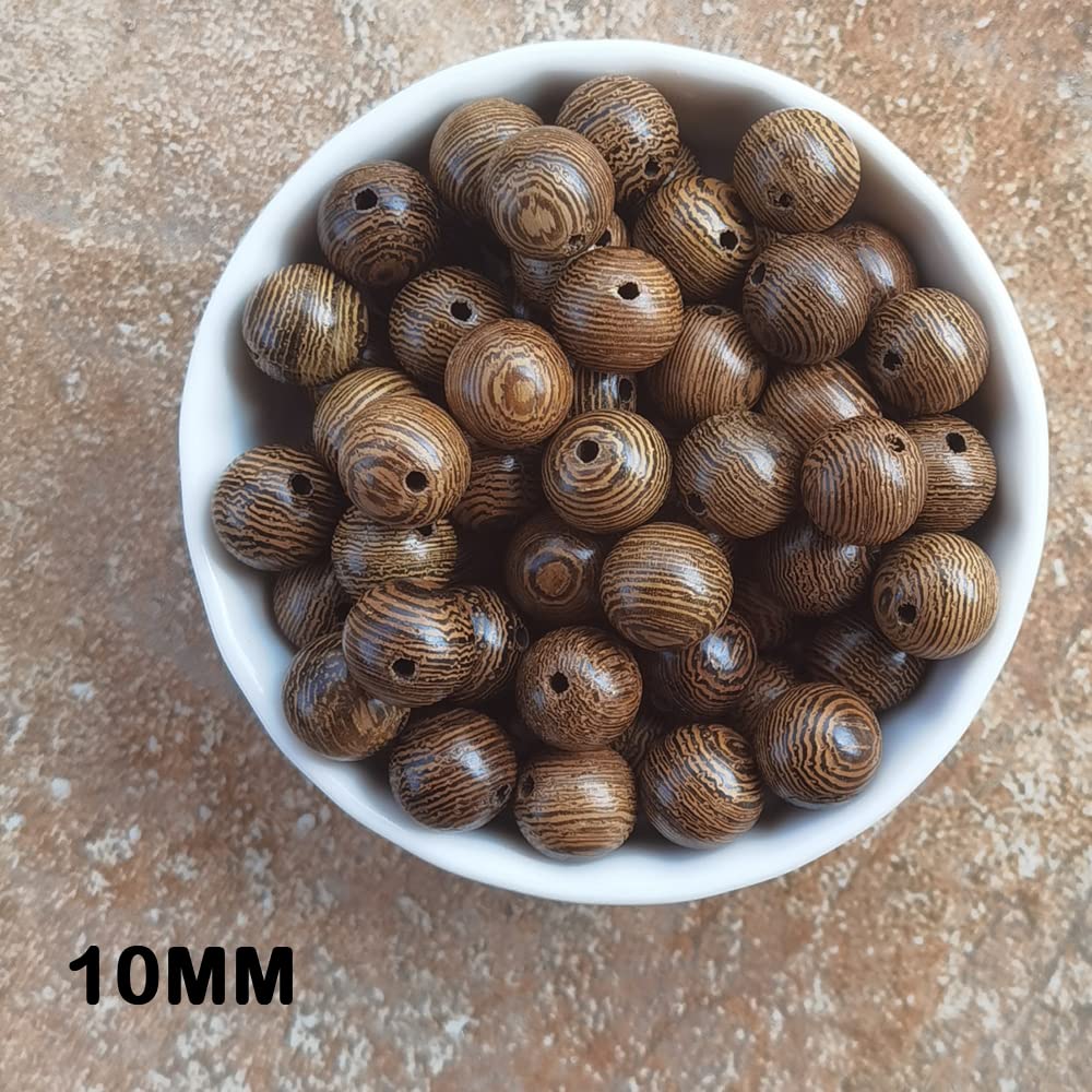 INSPIRELLE 400pcs 10mm Dark Brown Wooden Beads Undyed Natural Stripe Round Wood Loose Craft Beads for Bracelets and Jewelry Making