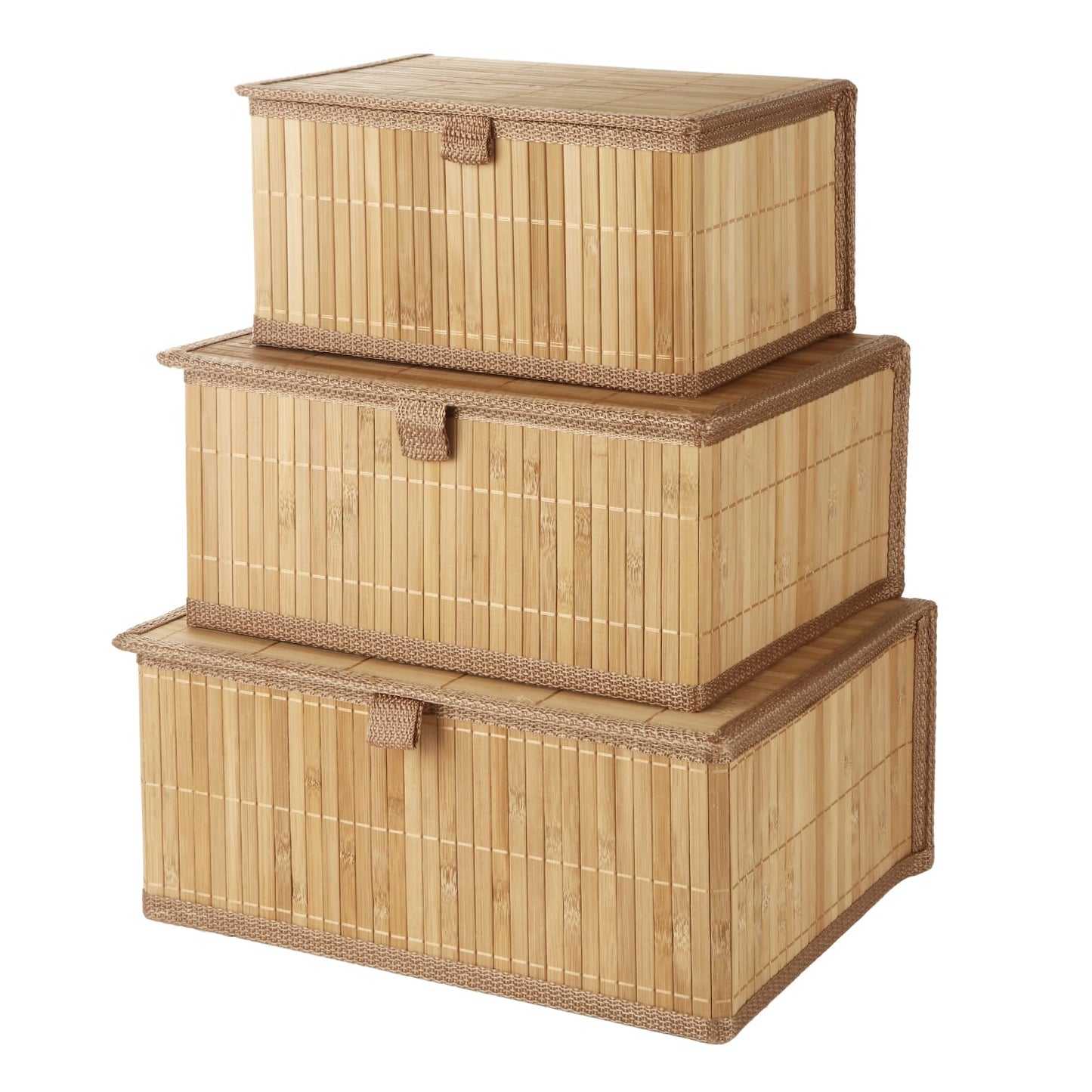 LOLYSIC Bamboo Storage Boxes with Lids, Set of 3 - Woven Decorative Baskets for Home, Kitchen, Shelf Organizer Wicker Lidded Basket, Handmade Storage Bin