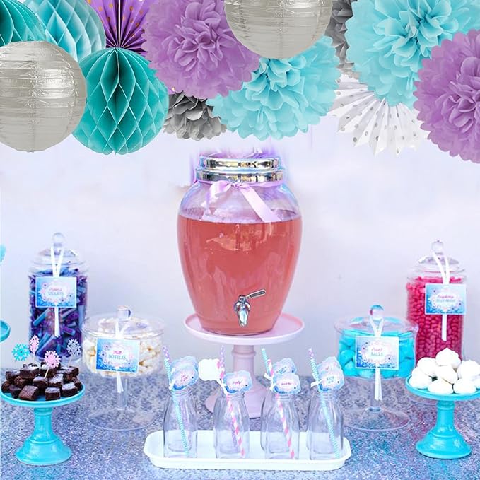 Purple-Blue Silver Frozen Christmas Party Decorations - 14pcs Winter Girl Birthday New Year Paper Lanterns Fan,Tissue Pom Poms Streamers,Honeycomb Balls,Mermaid Baby Shower Decor Lasting Surprise