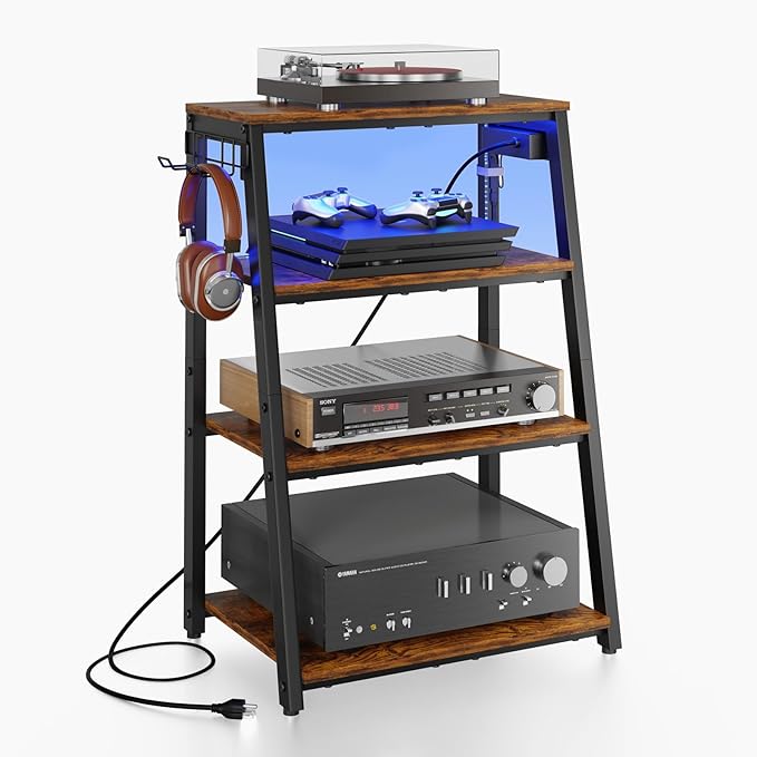4-Tier AV Media Stand with Power Strips, Heavy Duty Stereo Cabinet Stand with LED Lights, Wooden Record Player Stand with 2 Hooks, Audio Stand Furniture Perfect for DVD Player/Game Console/TV Box/Xbox