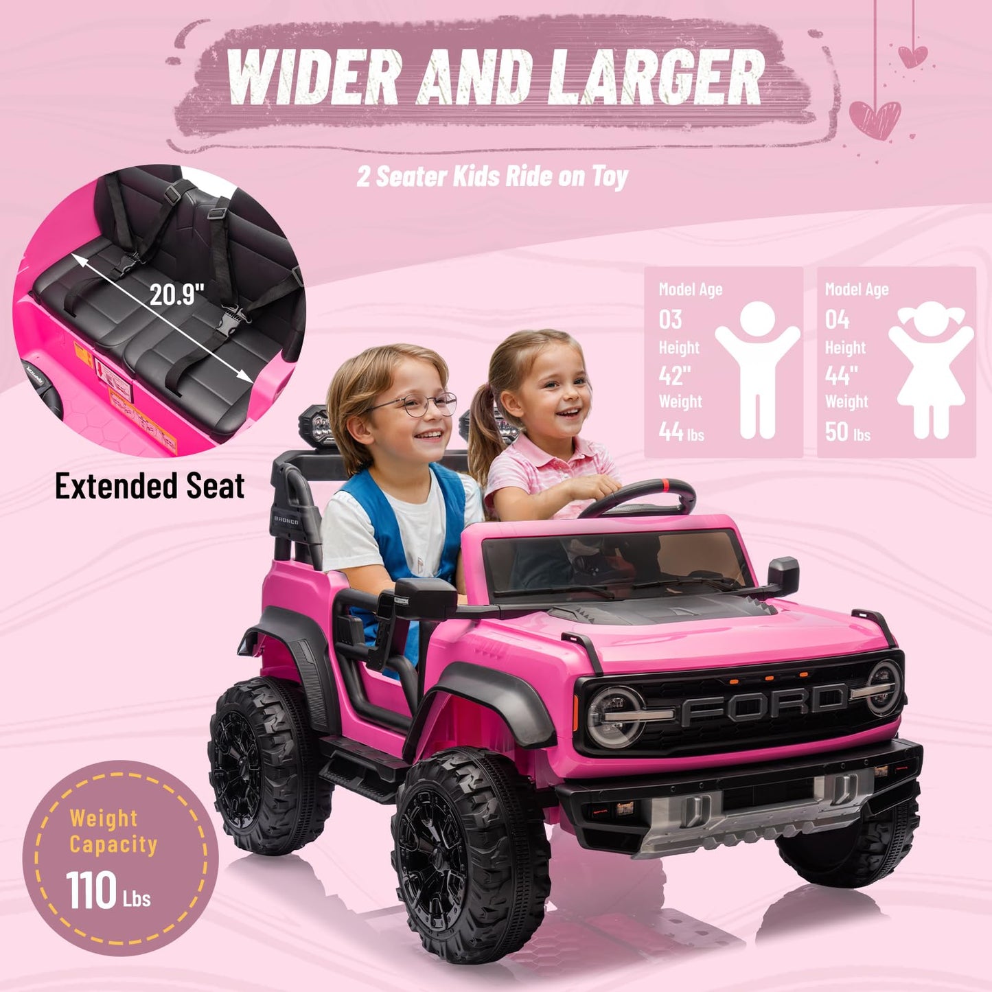 24V Ride on Toy for Big Kids,Ford Bronco Raptor 2 Seater Elecrtic Car for Kids with Remote,Battery Powered Car 4 Wheels with Spring Suspension,LED Light,Bluetooth,3 Speeds(24V, Pink)