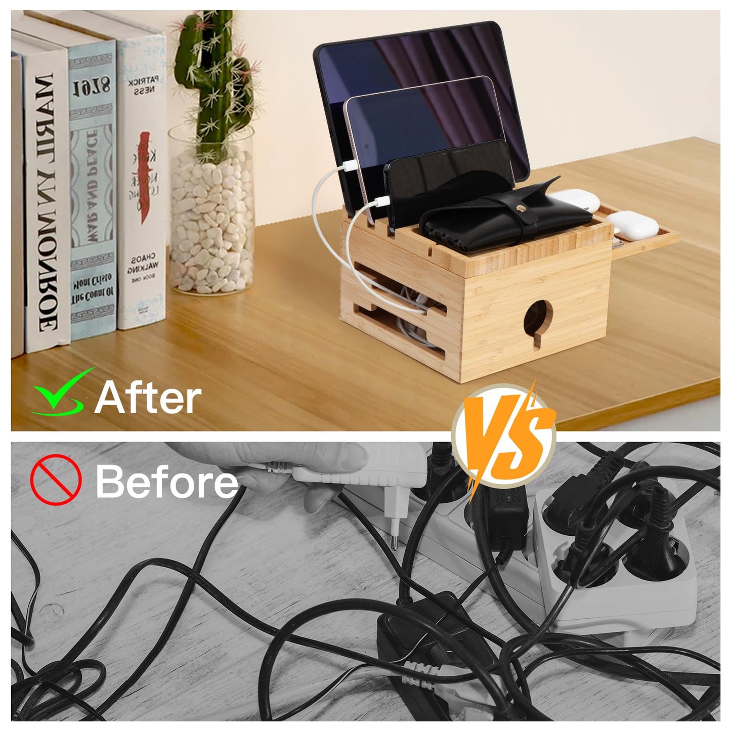 PERFECYEE Bamboo Charging Station for Multiple Devices, Desktop Charger Organizer with Small Tray, Compatible with Cell Phone, Tablet, Earphones (with 5-Cable, No USB Charger)