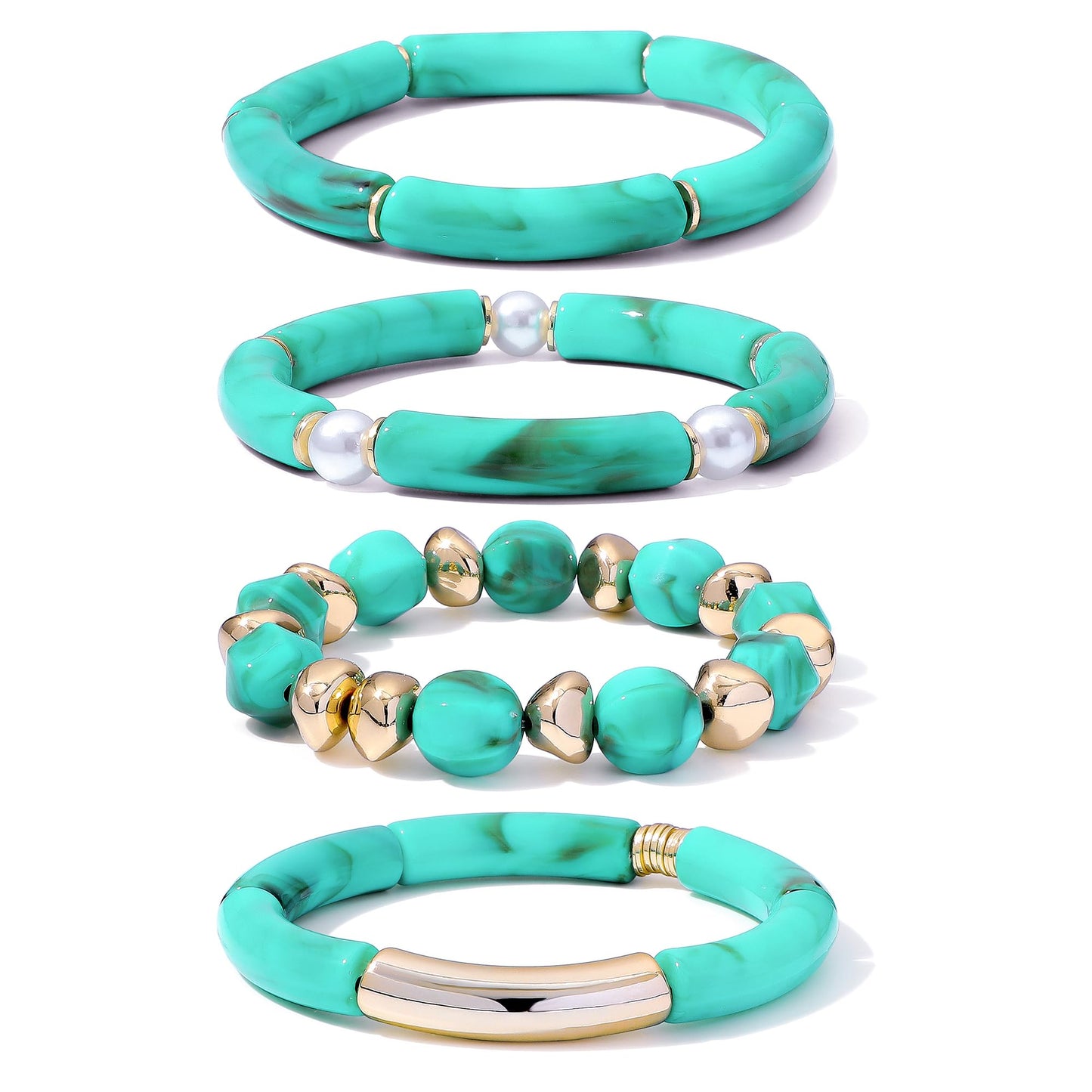 GOOJIDS Simple Beaded Gold Plated Bangles Bracelet Chunky Bamboo Tube Curved Stacking Clear Acrylic Colorful Beads Stretchable Gold Plated Bracelets Set For Women (T-Green Beads Set)