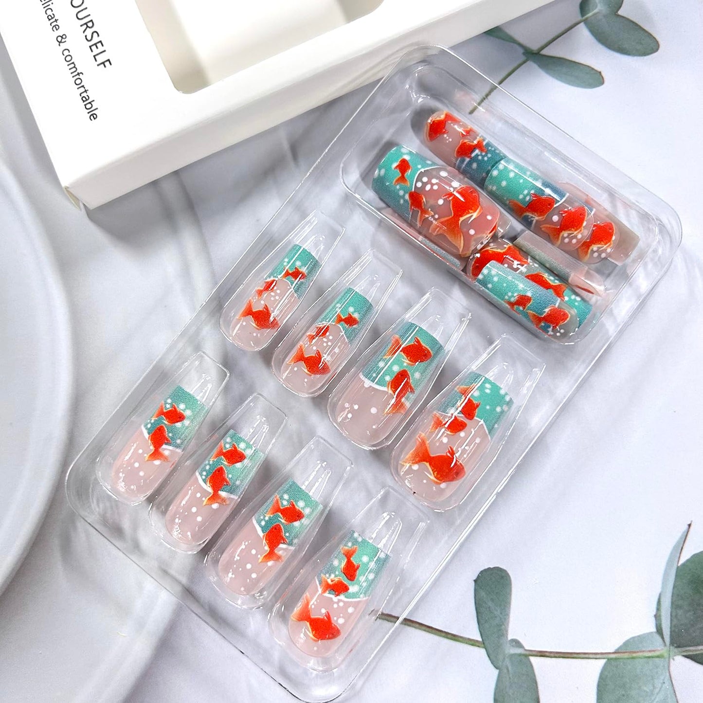 Square Press on Nails Medium Length Artificial Acrylic Fake Nail Gold Fish with Bubbles Pattern Design Blue French Glossy Stick on Nail Full Cover Reusable Press Ons Coffin False Nail for Women 24Pcs