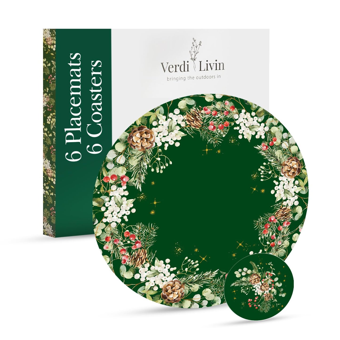 Verdi Livin Cork Placemats Set of 6 Matching Coasters I Heat Resistant Place Mats for Dining Table 16" x 12", Cork Backed, Wipeable (Wreath Green)