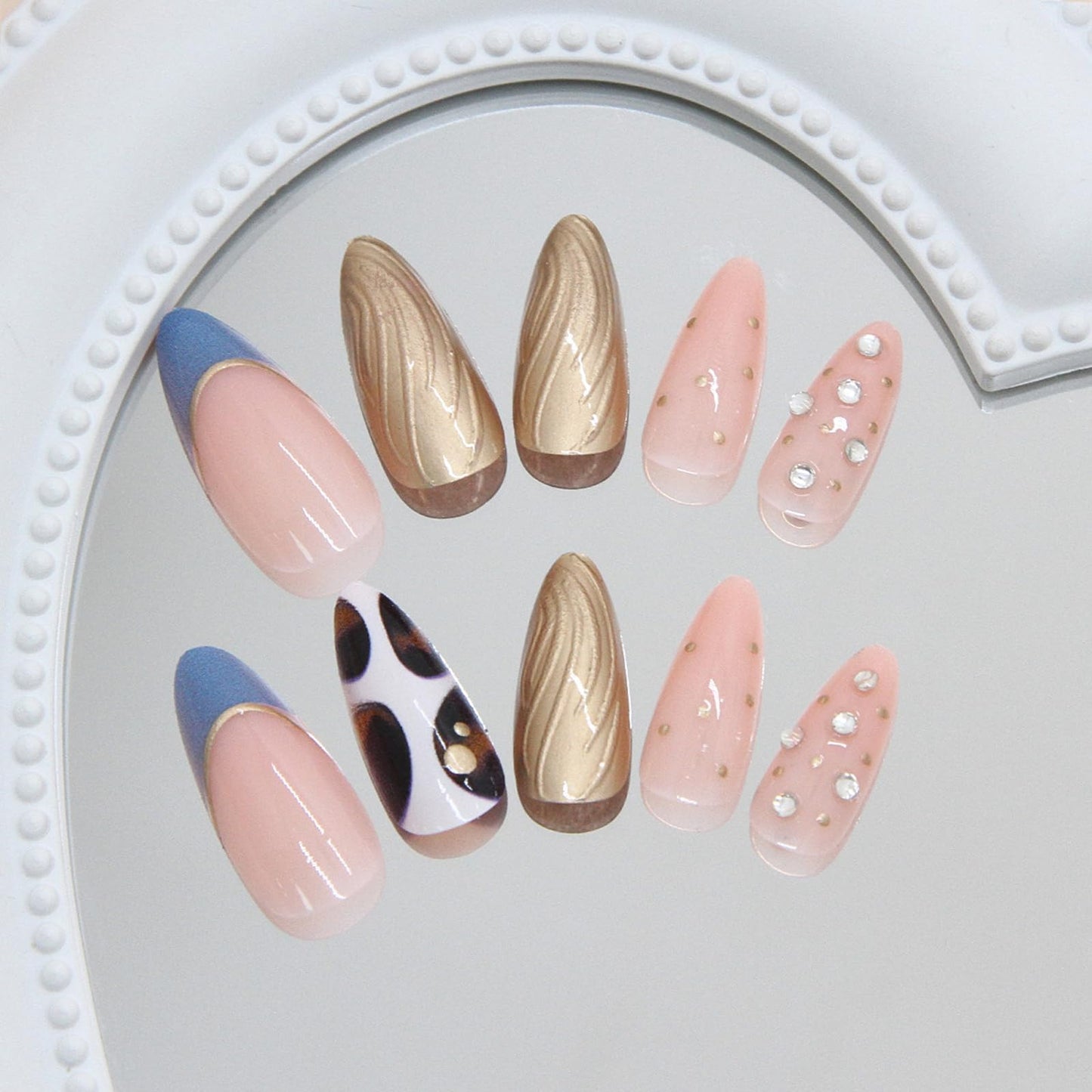 IMRAIN Medium Almond Press on Nails - Golden Chrome & Amber Pattern Designs, French Tip Handmade Glossy Glue on Acrylic Fake Nails Full Cover Fall False Nails for Women 24Pcs