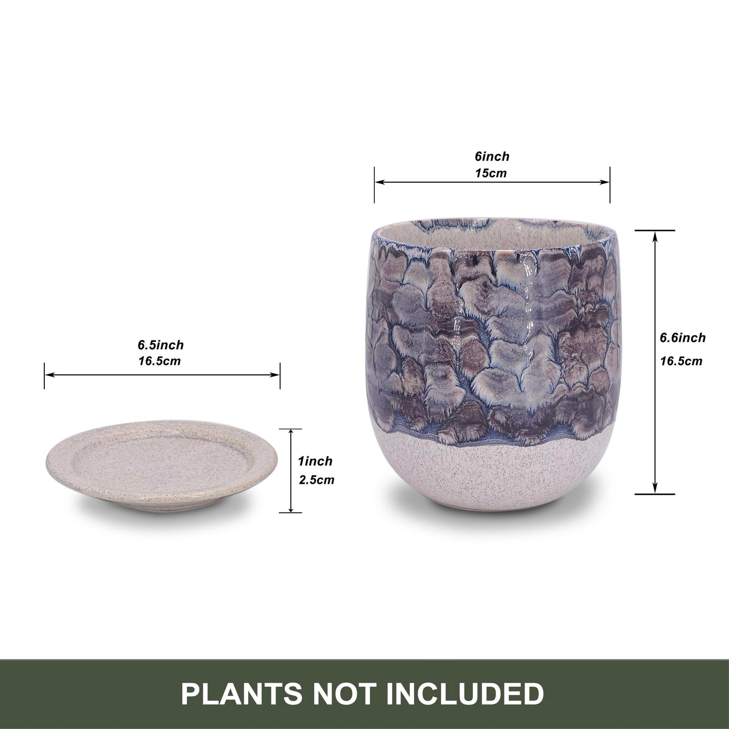 Chralji GIFTWARE 6 in Ceramic Plant Pot with Saucer，Indoor Plant Pot for Plants, Flower Pot with Drainage，Reactive Glaze Grey