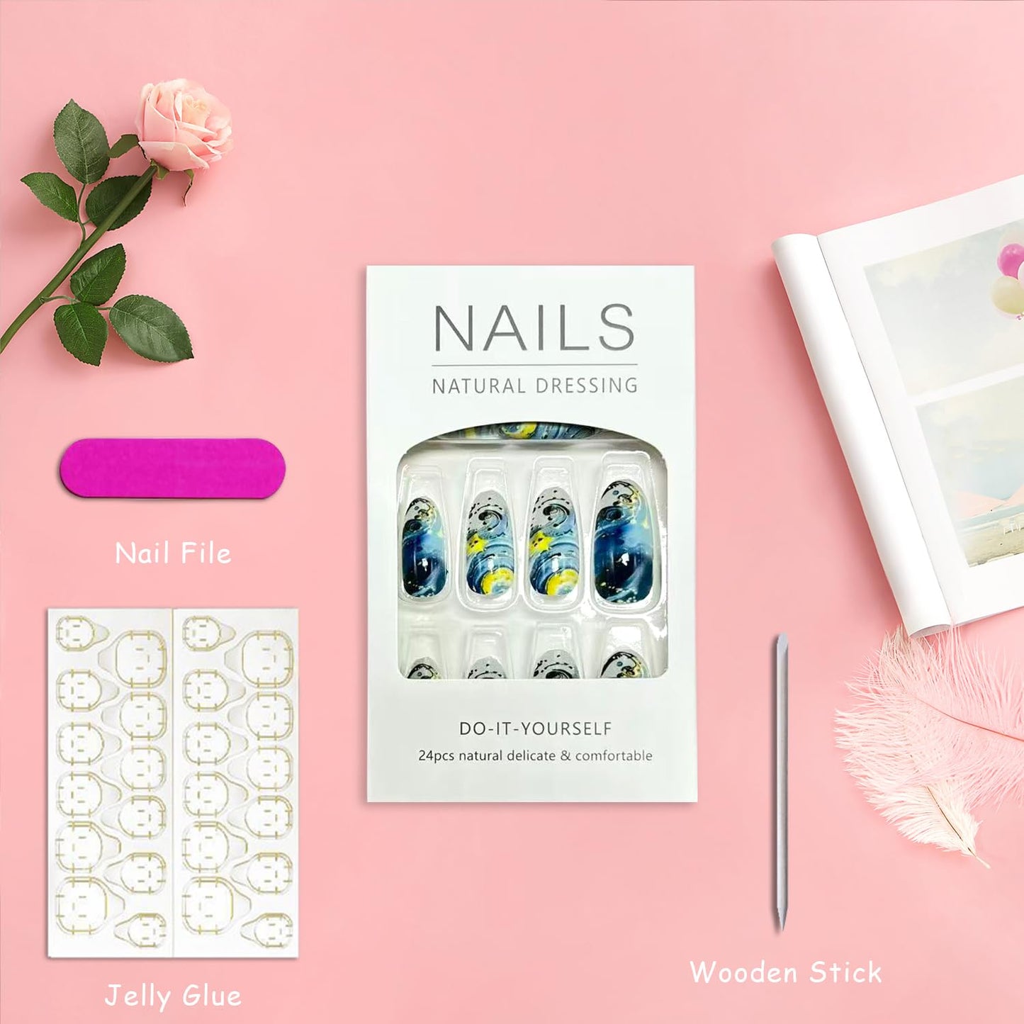 Blue Starry Sky Press on Nails Star Moon Fake Nails Long Oval Acrylic Glue on Nail Glossy Full Cover False Nail for Women