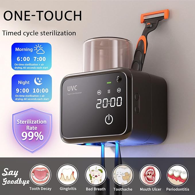 Bathroom Toothbrush Holders-2 Slots 1 Cup,Electric Toothbrush Holder with Constant Temperature Drying, Timed Cleaning, Air Drying, Rechargeable Wall-Mounted Toothbrush Holder with 4000mAh (Black)