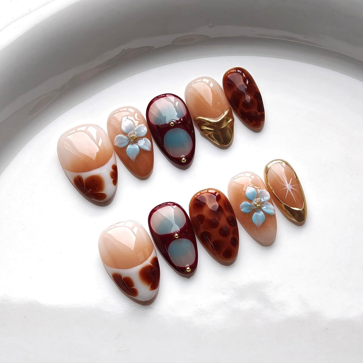 French Tip Press on Nails Handmade Short Almond 3D Thick Acrylic Nails False Nails with Tortoiseshell Flower Gold Ball Starlight Gradient Designs Glossy Fake Nail Sturdy Art Press on Nail 10Pcs(S)